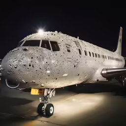 an airplane is on the tarmac with lights on