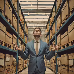 a man in a suit stands in front of shelves with files