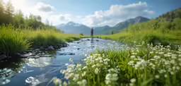a person on the edge of a stream with flowers near a mountain range