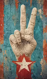 a hand making the peace sign with an american star painted on it