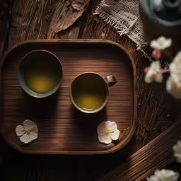 two mugs of tea on a tray with white flowers