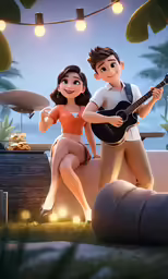 a couple holding a guitar sitting on top of a couch