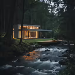 the cabin sits on a hillside next to a river