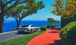 a white sports car parked on the side of a red trail next to an ocean