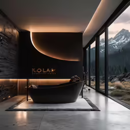 this bathroom has an interesting tub and glass windows