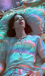 a girl laying on a bed with light shining through her shirt