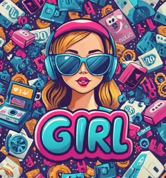 a girl in headphones and sunglasses is surrounded by different things