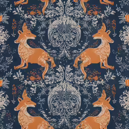 foxes printed on a dark background in an elaborate pattern