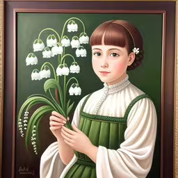 a painting of a girl holding a green plant,a portrait of a young lady holding flowers,a painting of a woman holding a flower in her hands,this is a portrait of a woman in the style of a painting,painting of a woman holding flowers near green background