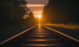 the sun setting over train tracks on a beautiful day