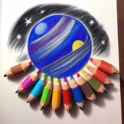 a drawing of a solar system with several colored pencils sticking out of it,colored pencils arranged in a star shape around a drawing of the moon,colored pencils sitting on top of a drawing of the planets,drawing of a planet and six colored pencils on paper,drawing an astronomical solar system with colored pencils