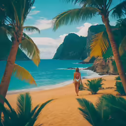 a beautiful woman in a bikini walking along a beach