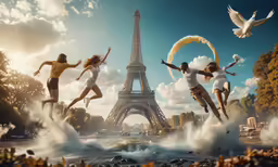 women flying through the air over a river in front of a tall tower