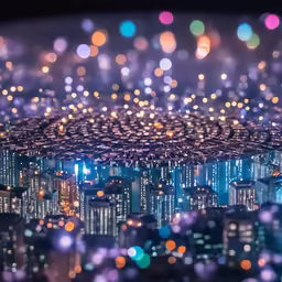 an aerial view of an illuminated city and lights
