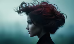 a woman is looking away while her hair blowing in the wind