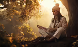a woman is sitting in the woods and looking at her phone