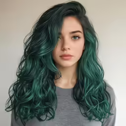 a woman with green hair wearing a gray sweater