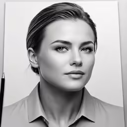 black and white photo of a woman with a pen
