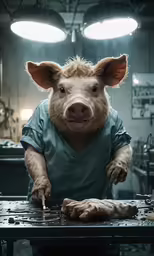 a pig dressed in a blue shirt and nails on a keyboard