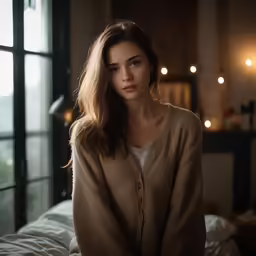a woman standing in the middle of a bed in a room