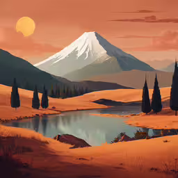 a painting of a desert with snow covered mountain,an artistic painting with trees and snow covered mountain in the background