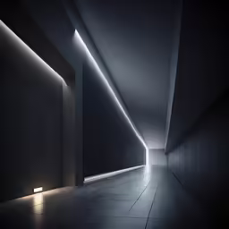 a large hallway with long black walls and lights