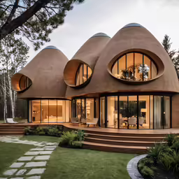 an exterior of a home surrounded by three round structures