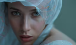 a woman that has some makeup on and is wearing plastic bags around her head