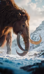 a brown bull with long horns standing in the snow