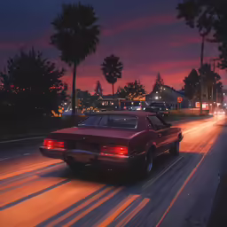 an old fashioned car driving down the road with the sun setting