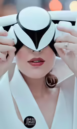 woman dressed in white holding a space helmet over her face