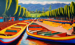 two painted rowboats are on the water next to other boats,some colorful boats sitting in water near each other