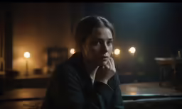 the woman is sitting with her chin on her hand