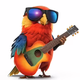 a parrot holding a guitar and wearing sunglasses