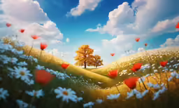 a field filled with lots of flowers under a cloudy sky