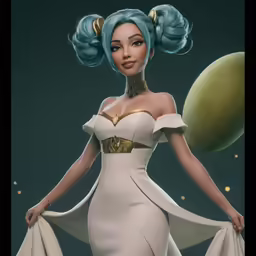 a woman in a white dress holding up a large balloon