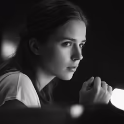 a woman in the dark holding a light bulb