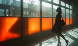 a woman walks down the street past a wall that is orange and has long shadows