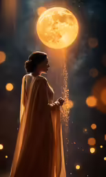 a woman is in front of a full moon