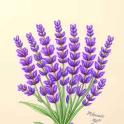 a drawing of a bunch of lavender flowers,the drawing is very detailed and has purple flowers,the drawing of a plant is made up of colored pastel pencils,a purple flower on a white background,an artwork of lavender flowers with green leaves