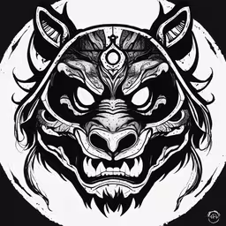 a black and white wolf head in front of an image,a mask made of tiger