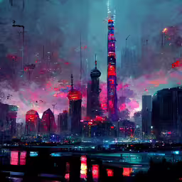 painting of the city skyline at night in the midst of an illuminated area,colorful clouds cover the city in a vibrant purple light