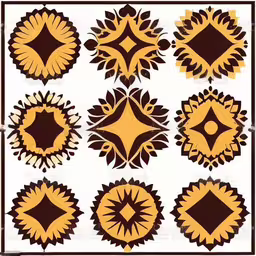 nine ornate design elements including orange and black,an artisticly painted background is the shape of a flower,a group of brown and yellow shapes on a white background,decorative design element set for the top of a poster,some fancy, stylized artwork i made to look like ornaments