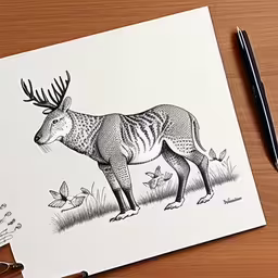 a drawing of a deer on top of a table,a drawing of an antelope with large antlers on it