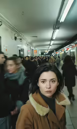 a woman is standing outside in front of the subway