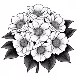 black and white drawing of flowers on a white background,a bouquet of flowers with leaves on top