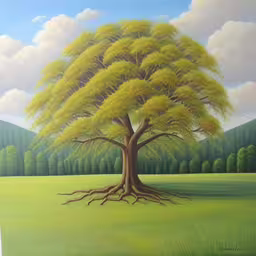 a painting of a tree in a grassy field,this painting shows a tree with many branches and green grass, and the sky above it,a painting of a tree with its leaves spreading,a painting of a large yellow tree with leaves,a large green tree with huge branches with a cloudy sky