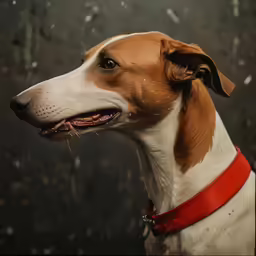 a dog in red collar posing with wet window behind it