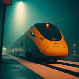 the modern train is stopped on the tracks in the fog
