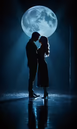 a man and woman in the shadows of a large full moon with light shining through the